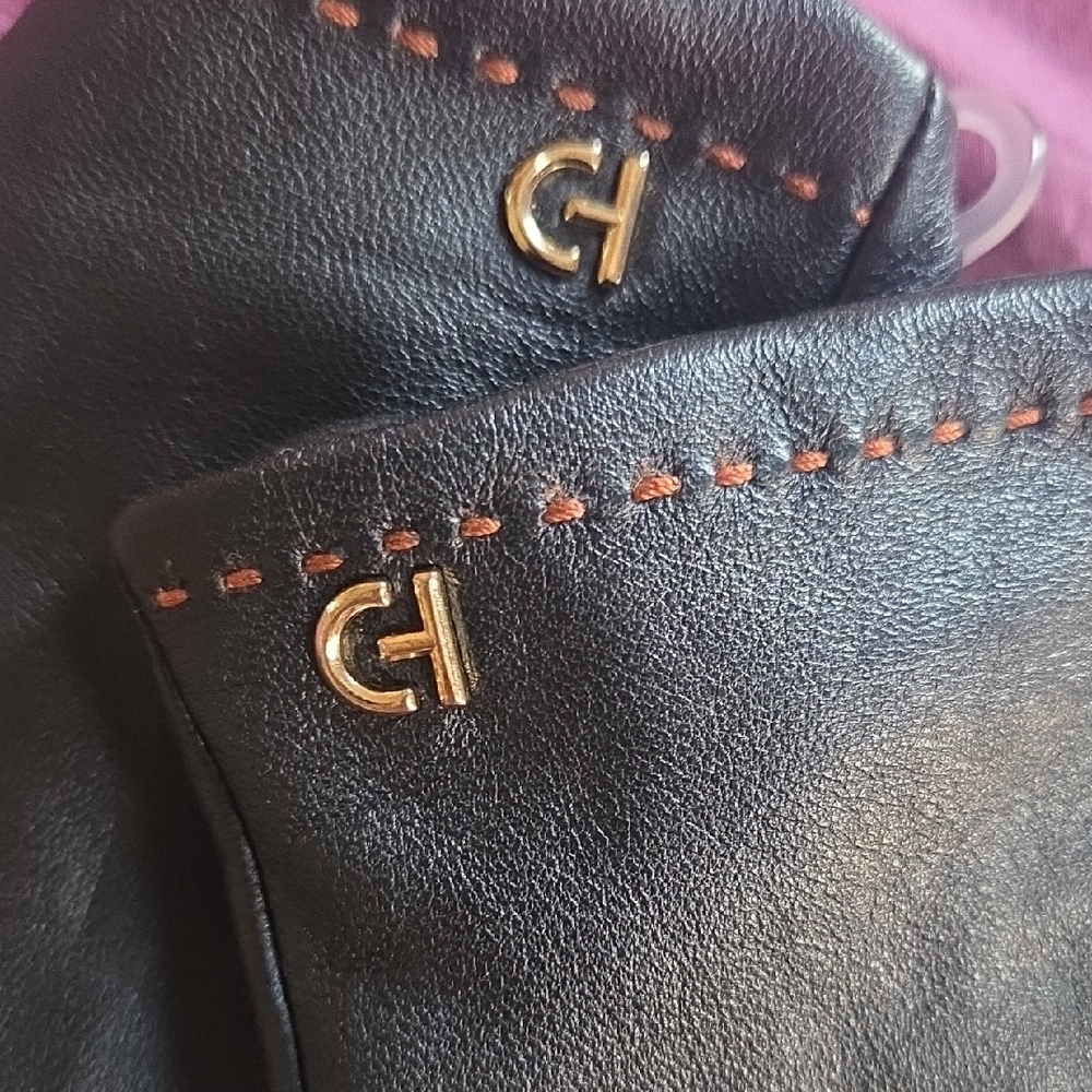 Soft Black Leather Cole Haan Touchscreen Gloves With 100% Silk Lining Size L NWT - Picture 11 of 12